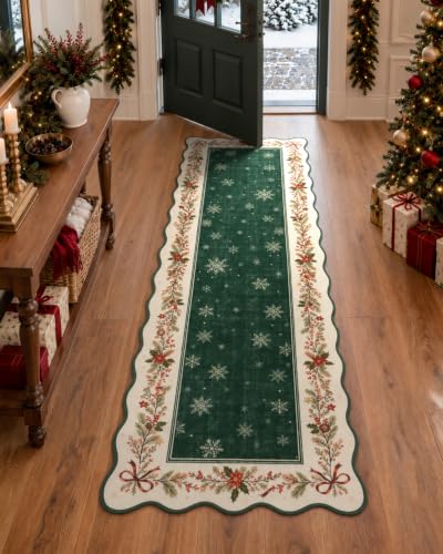 Lahome Green Christmas Bathroom Runner 2x6 Non Slip Washable Rug - Snowflake Edges