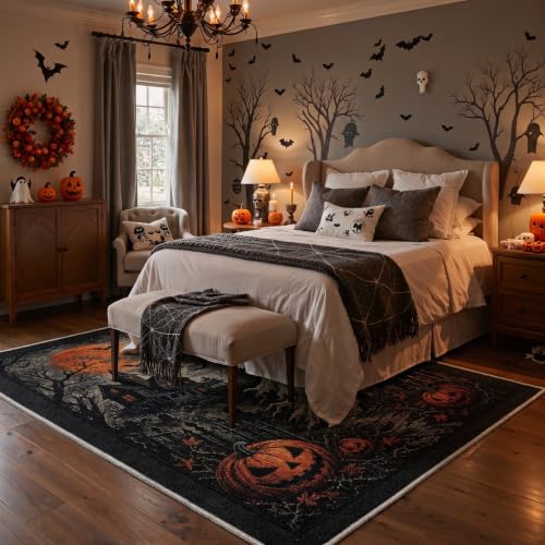 Halloween Scene Area Rug 5x7 Inch for Living Room - Gothic Orange Variation