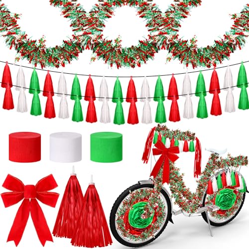 Christmas Bike Decorations Set with Tassel Garlands Streamers and Bows - 23 Pieces