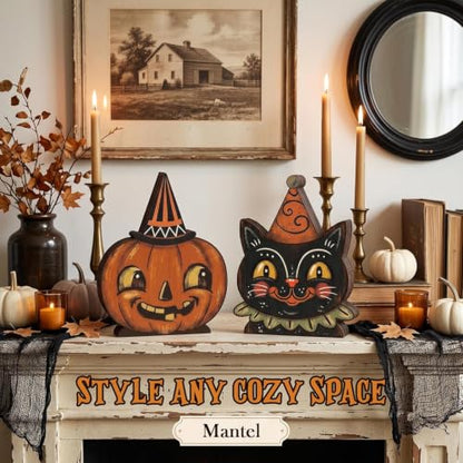 Halloween Wooden Signs Set - Black Cat & Pumpkin Indoor Decor - Variation A