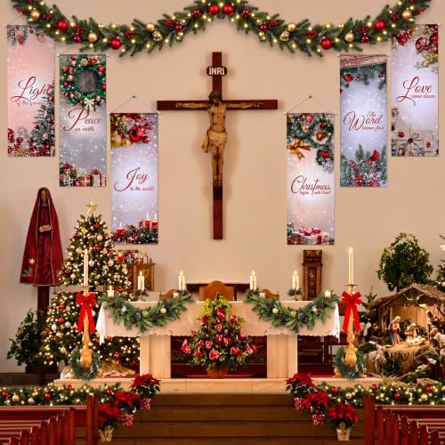 Christmas Church Banners Set - Sacred Scripture Sanctuary Wall Decor, 6 Pieces with Variation Christmas and Hole