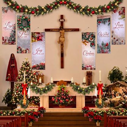 Christmas Church Banners Set - Sacred Scripture Sanctuary Wall Decor, 6 Pieces with Variation Christmas and Hole