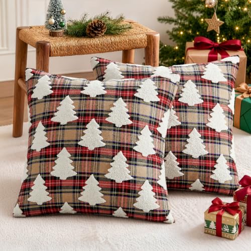 Christmas Pillow Covers 20x20 Set of 2 Khaki Plaid Tuffed Holiday Decor