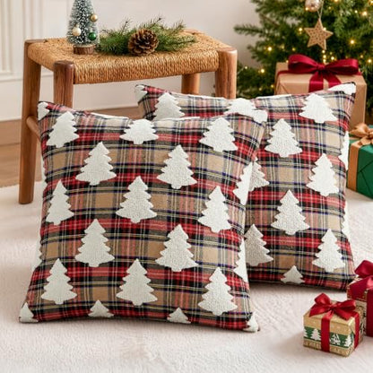 Christmas Pillow Covers 20x20 Set of 2 Khaki Plaid Tuffed Holiday Decor