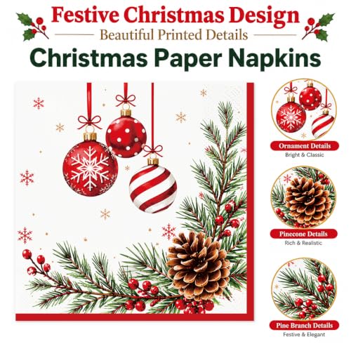 Christmas Paper Napkins 50 Pack - Festive Holiday Party Disposable Decor