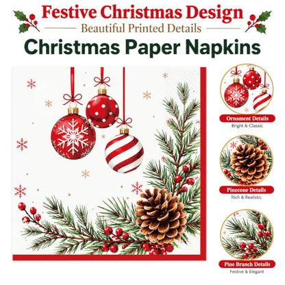 Christmas Paper Napkins 50 Pack - Festive Holiday Party Disposable Decor