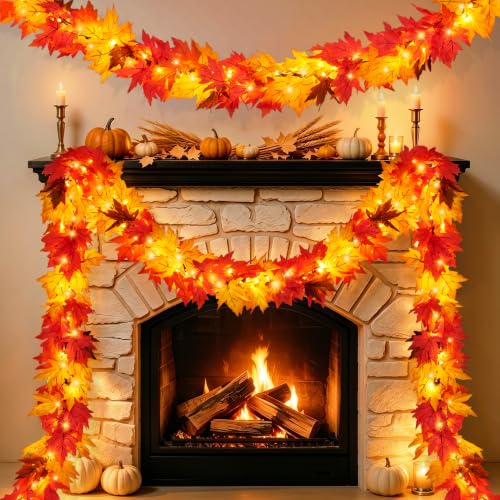 9FT Fall Garland with Lights - Large Maple Leaves & Orange Bulbs for Indoor Outdoor Decor