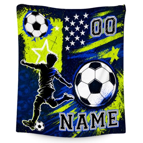 Personalized Soccer Blanket for Boys - Green Team Gift, Custom Kids Throw