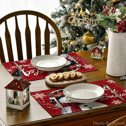 Red Snowman Placemats Set of 8 - 12x18 Inch Holiday Table Decor - Rectangular