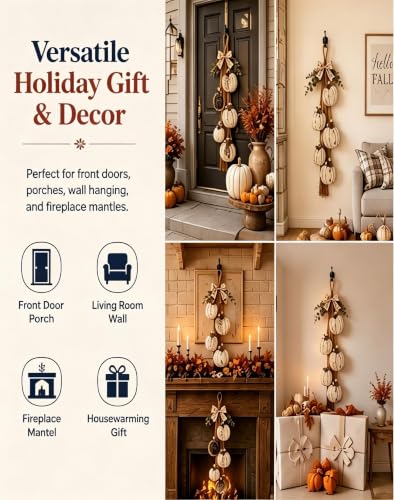 Rustic White Pumpkin Swag with LED Lights & Plaid Bow - Classic Variation