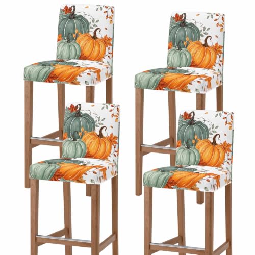 White Green Orange Fall Bar Stool Covers Set of 4 with Back, Thanksgiving Pumpkin Decor