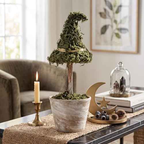 Halloween Witch Hat Moss Topiary Tree with Pot - Indoor Seasonal Decor