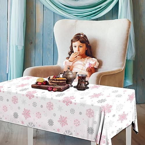 Winter Snowflake Tablecloths Set - Waterproof Disposable Holiday Decor, Pink & White, 3 Pieces