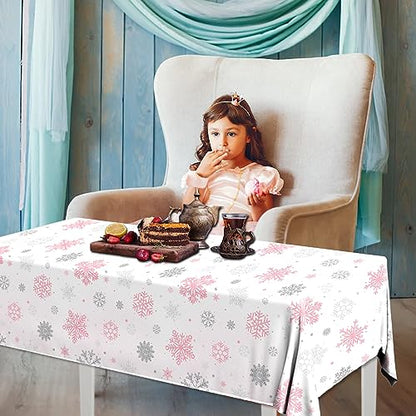 Winter Snowflake Tablecloths Set - Waterproof Disposable Holiday Decor, Pink & White, 3 Pieces