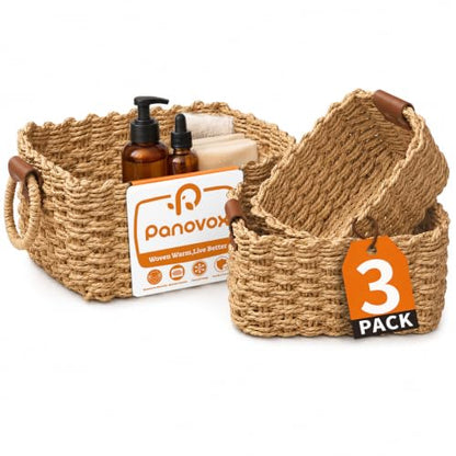 Small Wicker Storage Baskets Set of 3 - Natural Paper Rope with Handles