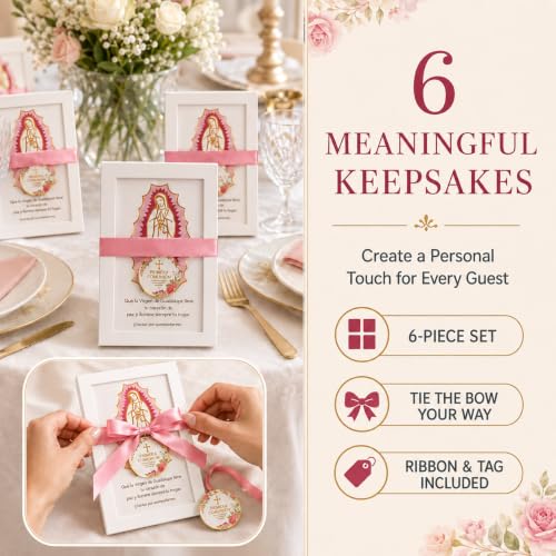 6-Piece Pink Virgen de Guadalupe First Communion Photo Frame Set with Satin Bows - Religious Favor for Guests