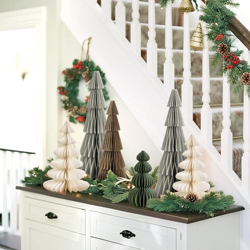 Christmas Honeycomb Tree Decorations Brown Green - 8 Pcs Magnetic Paper Centerpieces