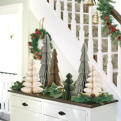 Christmas Honeycomb Tree Decorations Brown Green - 8 Pcs Magnetic Paper Centerpieces