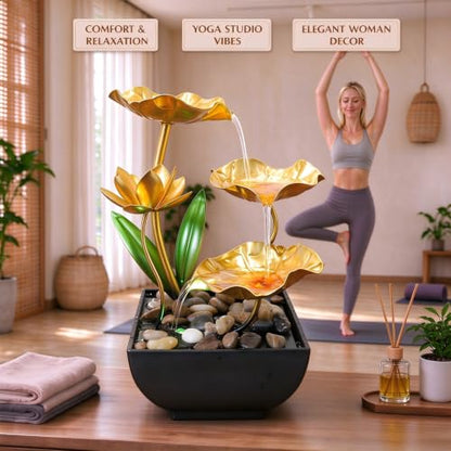 Gold Tabletop Water Fountain with LED Light - Zen Desktop Decor, Indoor Fountain for Office & Home