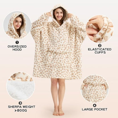 Wearable Blanket Hoodie Oversized Hoodie for Women Men - Yellow Leopard Print