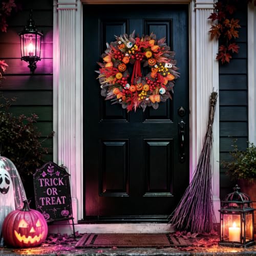 24-Inch Halloween Front Door Wreath with Jack-O'-Lantern and Autumn Foliage