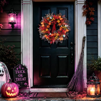 24-Inch Halloween Front Door Wreath with Jack-O'-Lantern and Autumn Foliage