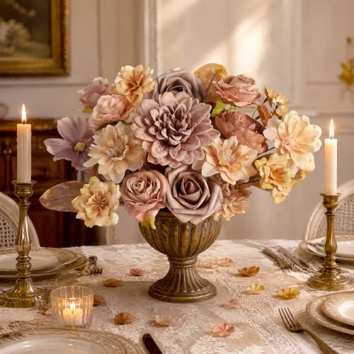 Fall Artificial Flowers Combo Set - Nude Brown Silk & Foam Blooms with Ribbons & Stems - Variation of THIS listing