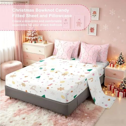 Feelyou Pink Christmas Girl Comforter Set with Sheets Full Size - Red, Pink & White Variation