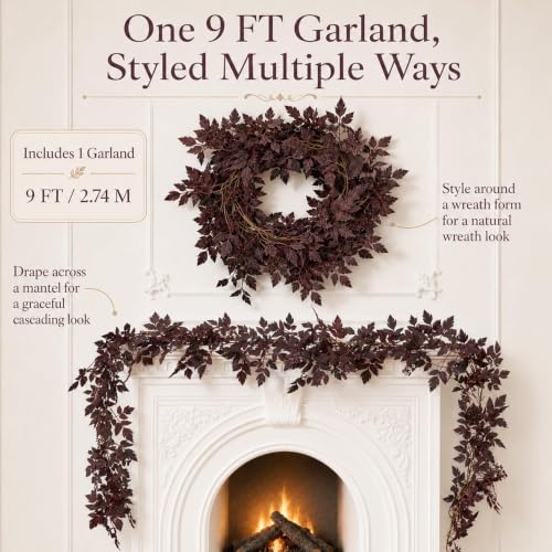 9FT Plum Cimicifuga Seeded Garland Artificial Fall Leaf Decor for Mantel