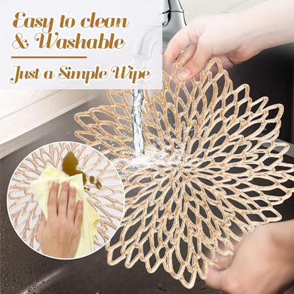 Set of 18 Gold Round Vinyl Placemats & Coasters - 15 Inch Holiday Table Decor