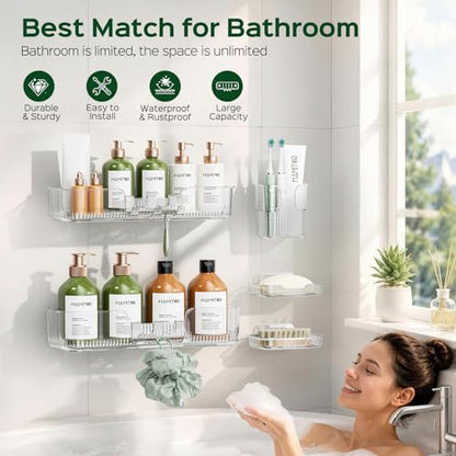 HAMITOR 5 Pack Clear Adhesive Shower Caddies, Bathroom Wall Organizer