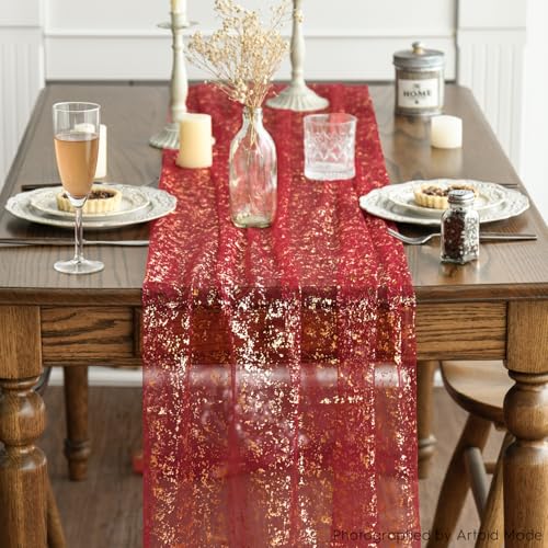 28x120 Inch Red Gold Gauze Table Runner 6 Pack Glitter Metallic Decor
