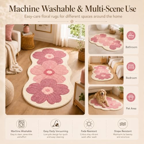 Pink Flower Bath Mat - 19x47 Inch Non-Slip Water-Absorbent Rug for Bathroom & Bedroom (Pink-C)