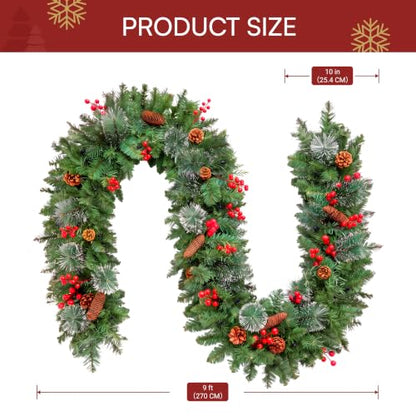 Holly Berries Christmas Garland 9FT Prelit with String Lights for Indoor & Outdoor Decor