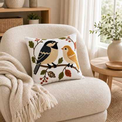 Botanical Birds Embroidered Throw Pillow Cover 18x18 Inches - Pack of 1