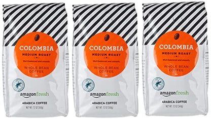 Amazon Fresh Colombia Whole Bean Coffee, Medium Roast, 12 Ounce (Pack of 3)