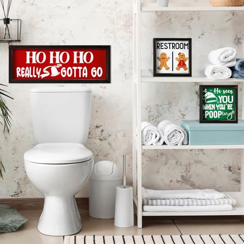 Christmas Bathroom Wood Signs Set - Rustic Holiday Restroom Wall Decor