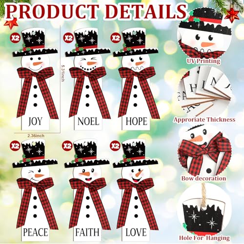 12Pcs Christmas Snowman Ornaments Set - Wooden Holiday Tree Decorations with Plaid Scarves - Farmhouse Winter Decor
