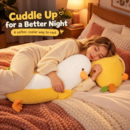 27.5 Inch Banana Duck Plush Pillow - Soft White Stuffed Animal for Hugging and Decor