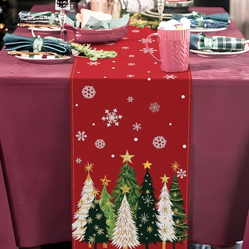 Christmas Trees Table Runner - Red Holiday Table Decor with Green & White Pattern - Variation of Christmas Trees