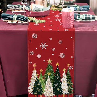Christmas Trees Table Runner - Red Holiday Table Decor with Green & White Pattern - Variation of Christmas Trees