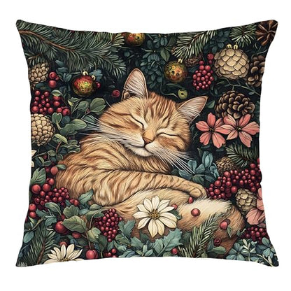 E-Tabby Cat Christmas Decor Pillow Cover 18x18 Rustic Floral Holiday Throw Pillow