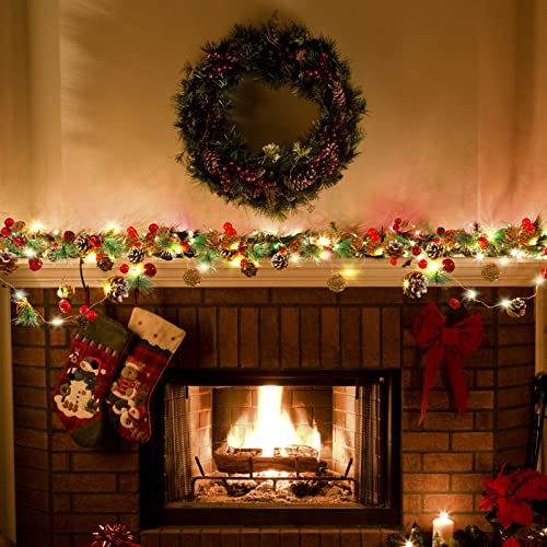 Indoor Christmas Garland with 30 LED Lights, Red Berries & Pine Cones