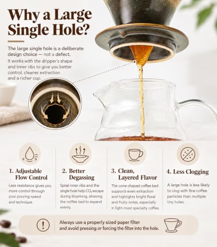 Ceramic Pour Over Coffee Maker - Single-Hole Cone with Curved Handle, Earthy Brown