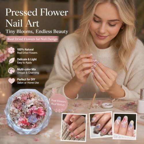 Color 6 Dried Flowers for Nail Art, Natural Pressed Botanical Accents, 1 Piece