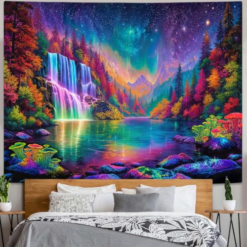 Blacklight Nature Forest Mountain Waterfall Tapestry 48x36 Inch - Purple Fluorescence