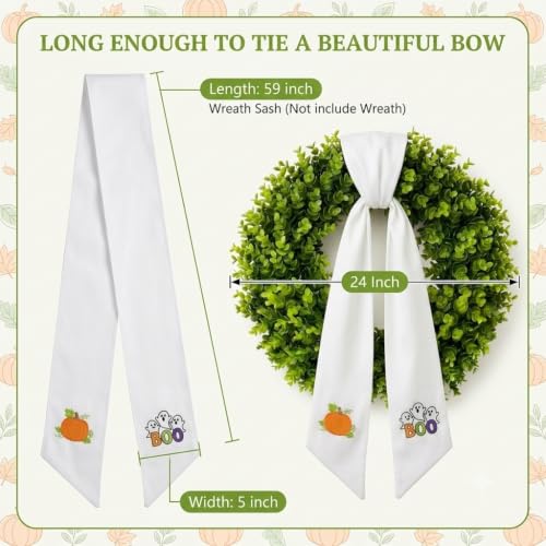 Fall Halloween Wreath Sash with Embroidered Ghost and Pumpkin - 59 Inch Seasonal Decor