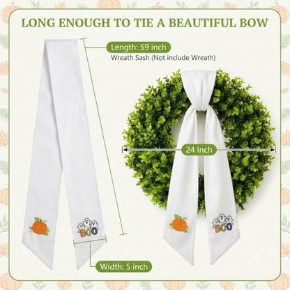 Fall Halloween Wreath Sash with Embroidered Ghost and Pumpkin - 59 Inch Seasonal Decor