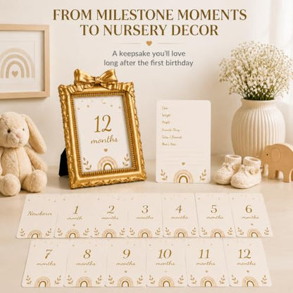 Baby Monthly Milestone Photo Frame Set - Gold Resin with Monthly Cards