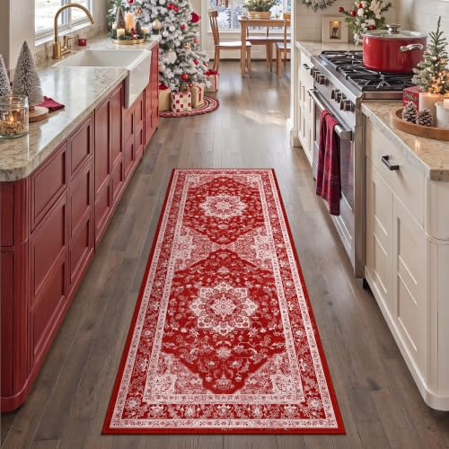 PureCozy Christmas Red 2x5 Low Pile Runner Rug - Vintage Oriental Style, Xmas L Variation